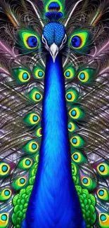 Blue peacock with vibrant, colorful feathers on display.