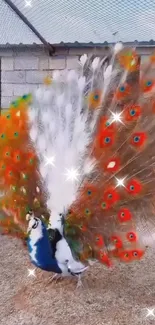 Vibrant display of peacock feathers in a colorful setting.