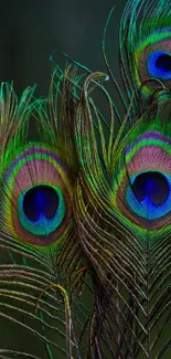 Colorful peacock feathers with vibrant patterns in a green dominant background.