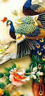 Colorful peacock with floral background artwork.