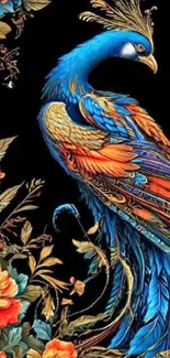 Vibrant peacock with colorful flowers and leaves on a dark background.