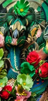 Vibrant peacock with colorful flowers art wallpaper.