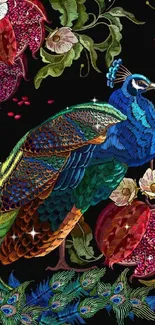 Vibrant peacock in floral pattern mobile wallpaper.