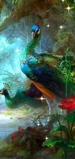 Vibrant peacock and forest scene with colorful feathers and lush greenery.