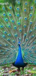 Vibrant peacock displaying feathers in a lush forest setting.