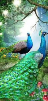 Vibrant mobile wallpaper featuring two peacocks in a lush, mystical forest setting.