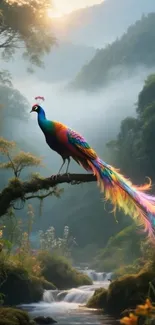 Colorful peacock perched in a mystical forest setting.