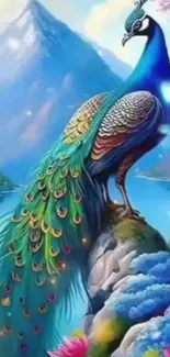 Vibrant peacock perched in a scenic mountain landscape art.