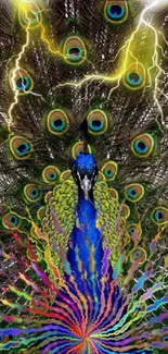 Vivid peacock with vibrant feathers and striking lightning art.