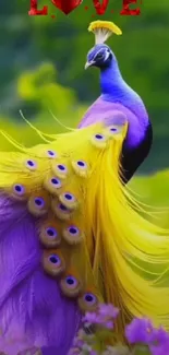 Vibrant peacock with purple and yellow feathers under love text.