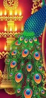 Artistic mobile wallpaper with a vibrant peacock and cultural motifs.