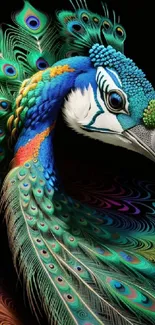 Vibrant and colorful peacock wallpaper with emerald feathers.