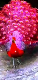 Vibrant peacock with pink feathers on display.