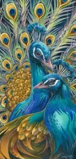 Colorful peacock wallpaper with vibrant blue and green feathers, perfect for mobile.