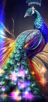 Colorful peacock with vibrant plumage on mobile wallpaper.