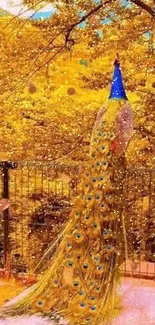 Vibrant peacock with colorful tail in a yellow forest setting.