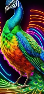 Colorful neon peacock art with vibrant feathers.