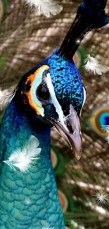 Vibrant peacock with blue feathers and detailed eye spots.