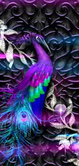 Vibrant peacock wallpaper with floral and colorful feathers on a mobile display.