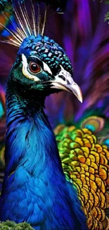 Artistic and colorful peacock with vibrant plumage on a mobile wallpaper.