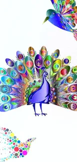 Colorful peacock and birds on snow with festive ornaments.