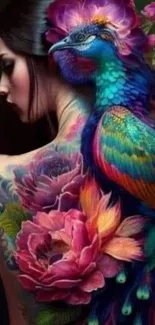 Vibrant peacock tattoo art with colorful floral design.