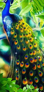 A vibrant peacock with colorful feathers amid lush green leaves.