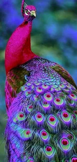 Vibrant peacock with colorful feathers on a mobile wallpaper.