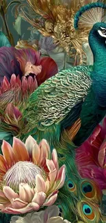 Vibrant peacock amidst colorful floral design.