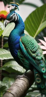 Vibrant peacock among lush flowers on a green tropical background.