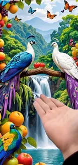 Colorful peacocks and a hand against a tropical waterfall backdrop.