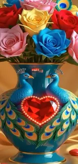 Vibrant vase with peacocks and colorful roses on gold background.