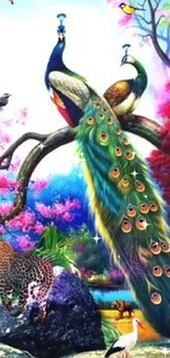 Vibrant peacocks and exotic animals in colorful nature scene artwork.