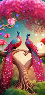 Two peacocks under a vibrant pink blossom canopy.