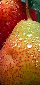Close-up of dewy pear and apple with vibrant colors.