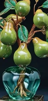 Lifelike pear sculpture with green leaves in a glass base.