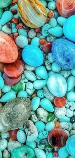 Vibrant mix of colorful pebbles and stones, perfect for a natural-themed mobile wallpaper.