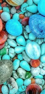 Vibrant colorful pebble art wallpaper with blue and red stones.