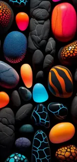 Colorful pebble art with vibrant patterns.