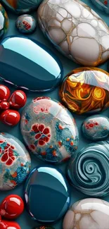 Colorful pebbles with blue, red, and gold tones create a vibrant phone wallpaper.