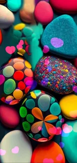 Vibrant mobile wallpaper with colorful pebbles and abstract heart shapes.