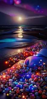 Colorful glowing pebbles on a nighttime beach under a starry sky.