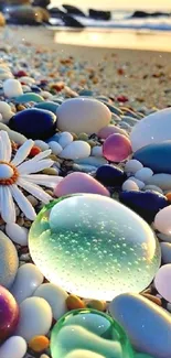 Colorful pebbles and a daisy by the beach with ocean view at sunset.