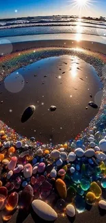 A vibrant beach with colorful pebbles reflecting sunlight by the ocean.