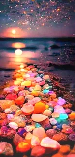 Vibrant sunset over a pebble-strewn beach with colorful stones.