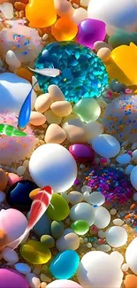 Colorful abstract art of pebbles and stones on phone wallpaper.