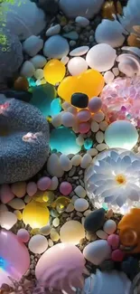 Colorful pebbles and flowers wallpaper for phone.