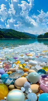 Colorful pebbles underwater at a clear lake with mountains and clouds.