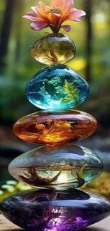 Colorful pebbles stacked with a flower on top in nature setting.