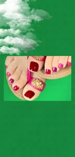 Colorful pedicure nail design on a vibrant green background.